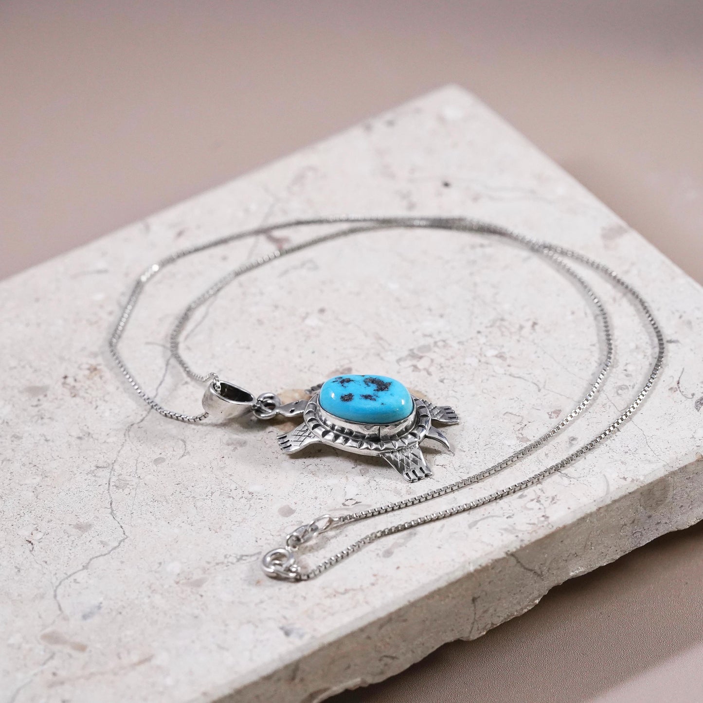 16” Native American Frederick Chavez Sterling 925 silver box necklace turtle