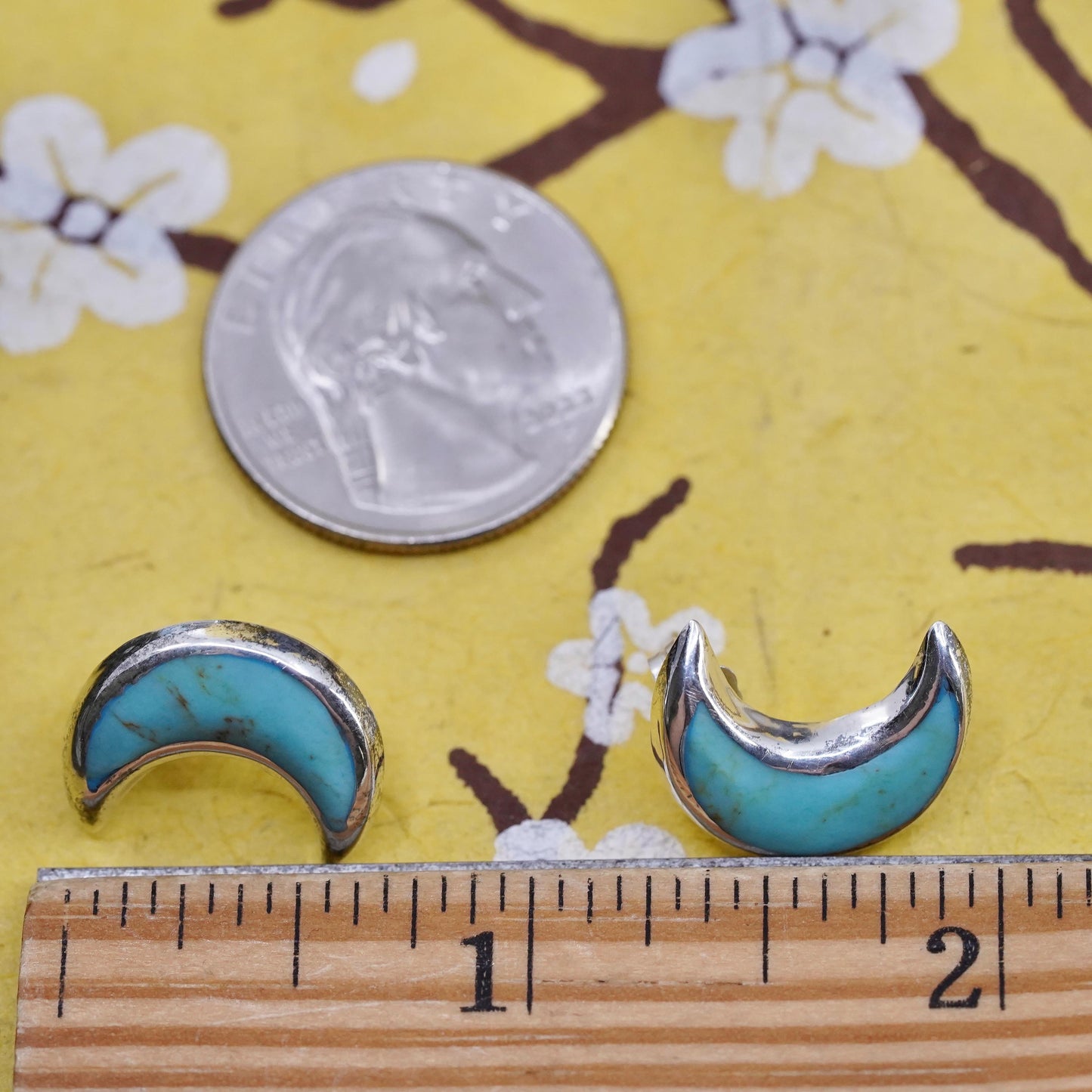 vintage Sterling 925 silver handmade studs, moon earrings with turquoise inlay