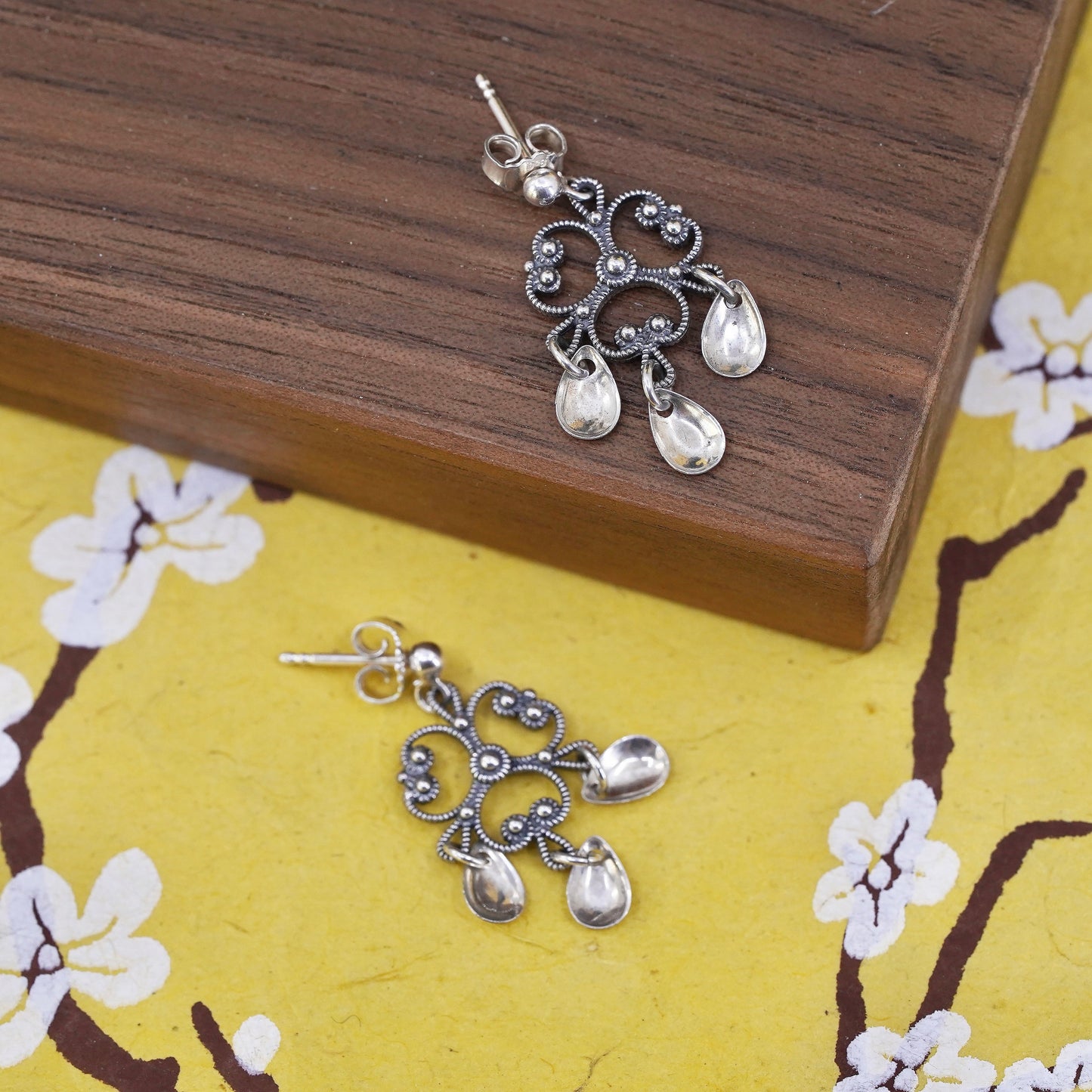 vintage sterling 925 silver handmade filigree earrings with teardrop dangles