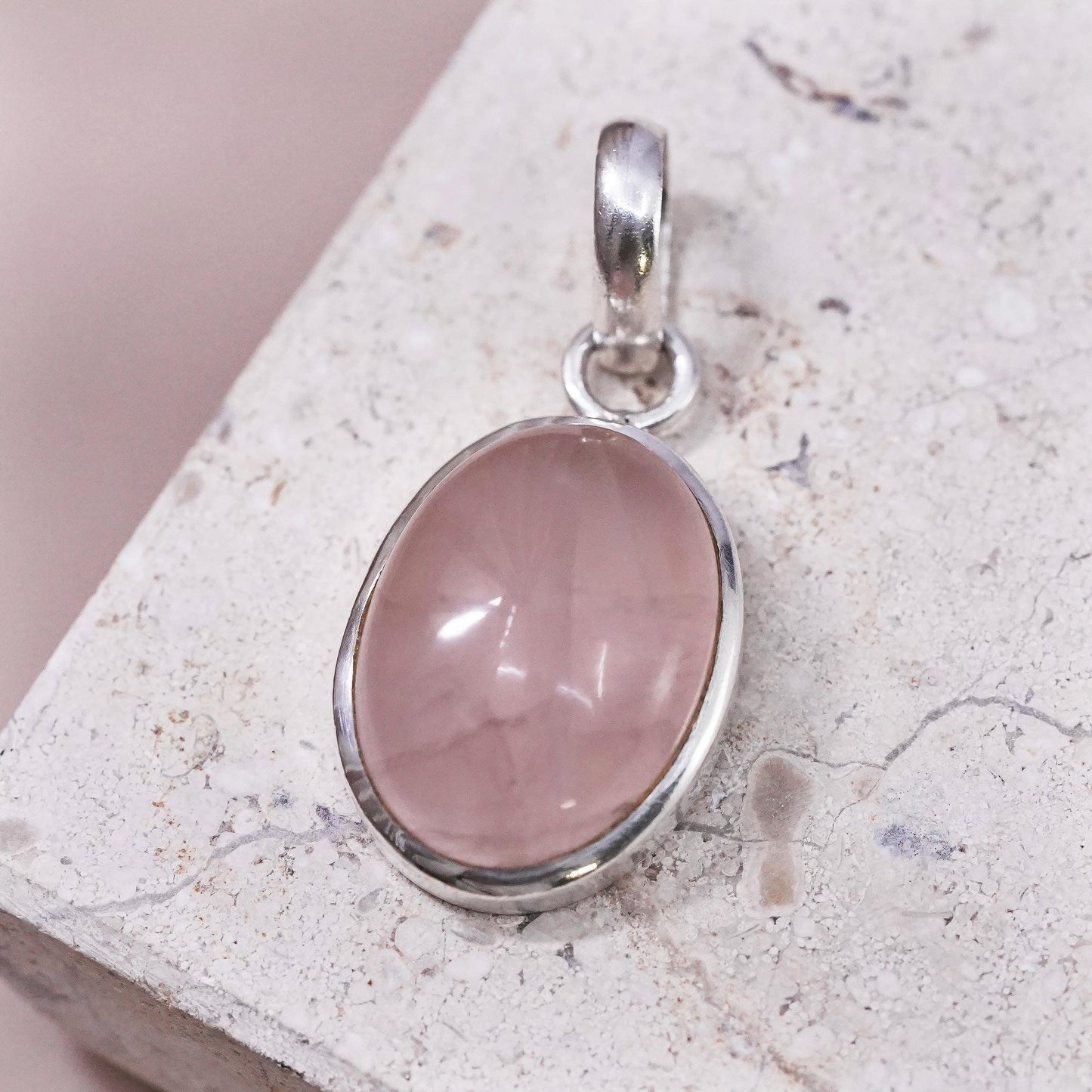 Vintage designer Sajen sterling silver 925 handmade pendant rose pink Quartz