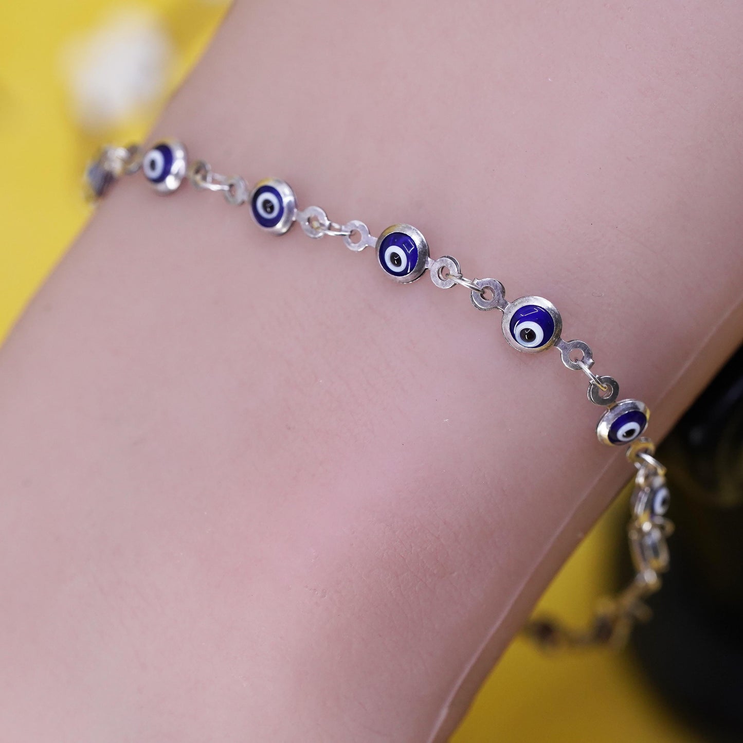 7.5", vintage sterling silver handmade bracelet, blue 925 evil eye beads