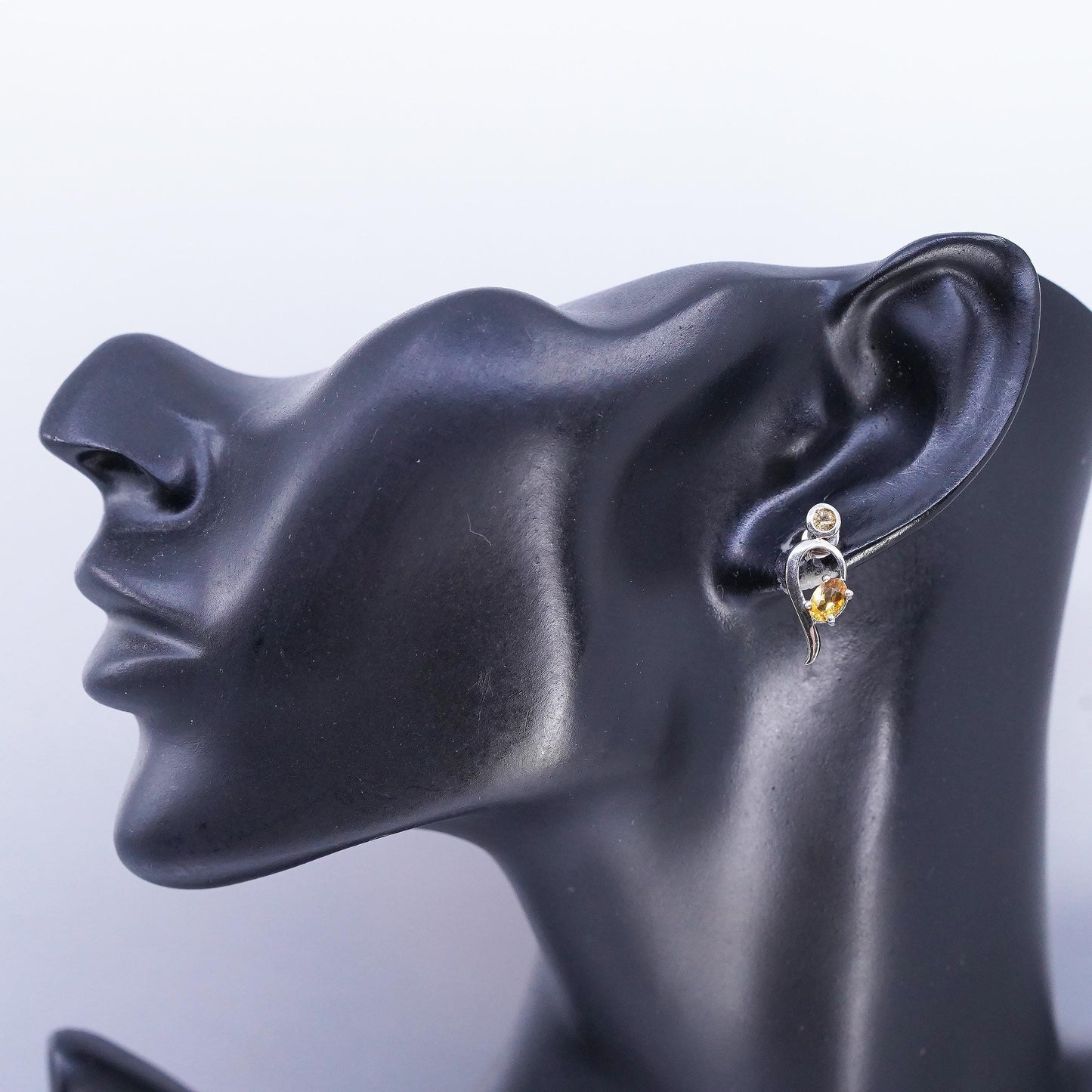 Vintage minimalist Modern wave Sterling Silver Earrings, 925 Studs citrine