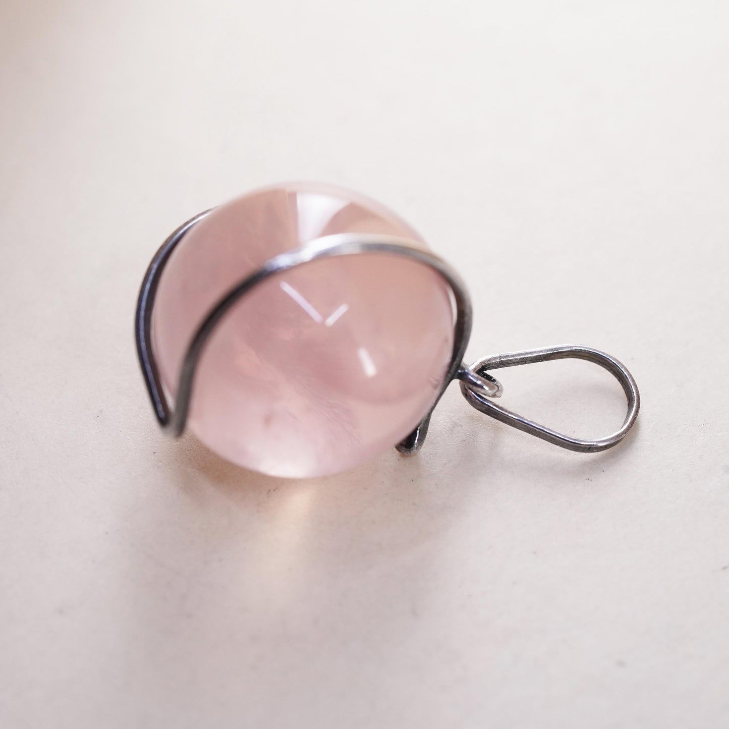 VTG handmade sterling silver charm, solid 925 silver pink quartz bead pendant