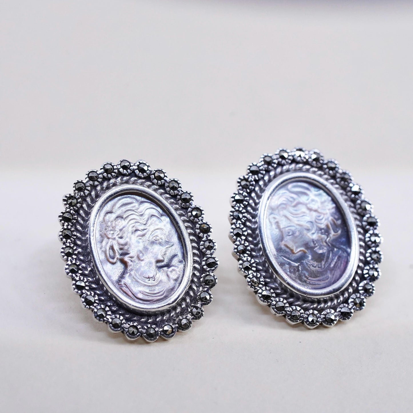 925 Sterling Silver Cameo Earrings, Marcasite Earrings, Mother of Pearl Studs