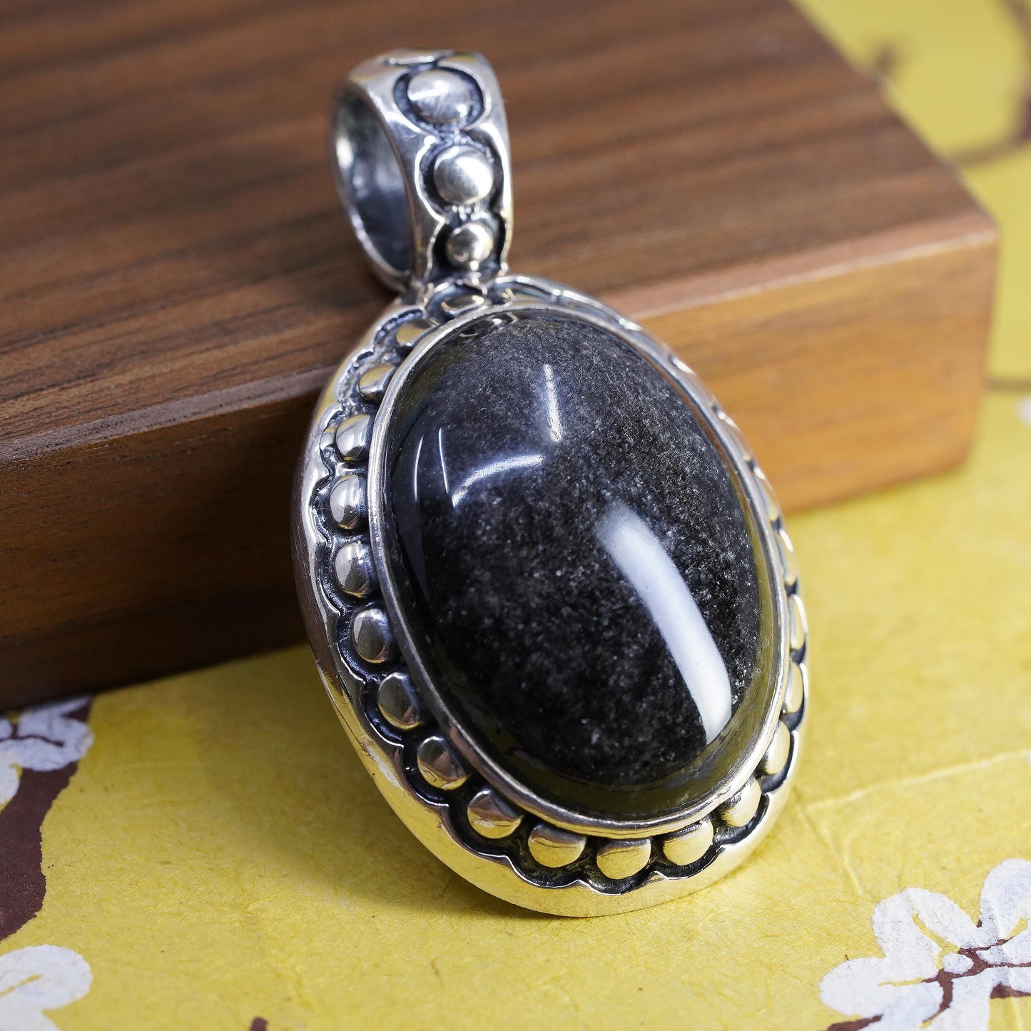 Vintage Mexico 925 Sterling Silver Black Pendant, Oval Cabochon Statement Charm