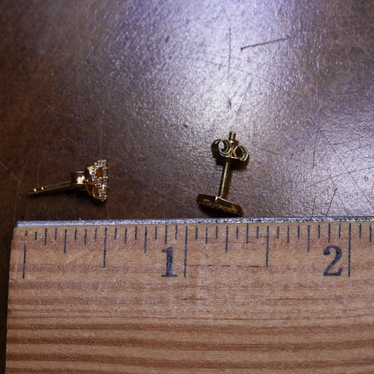 Vintage gold over sterling 925 silver heart cz studs, minimalist earrings