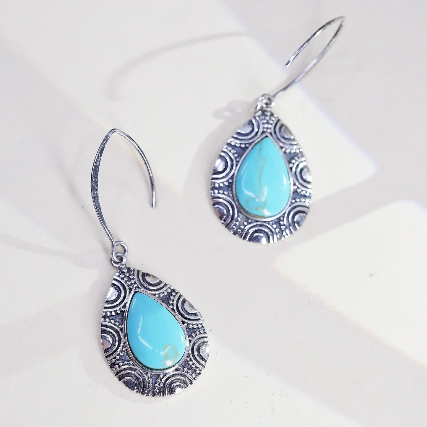 Southwestern sterling silver 925 handmade textured teardrop earrings turquoise