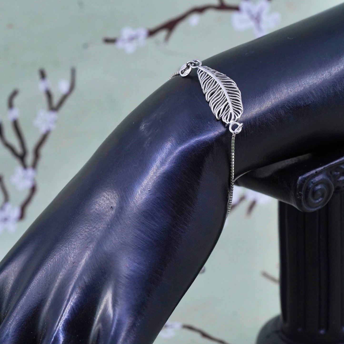 Size adjustable, sterling silver box chain, 925 bracelet with feather charm