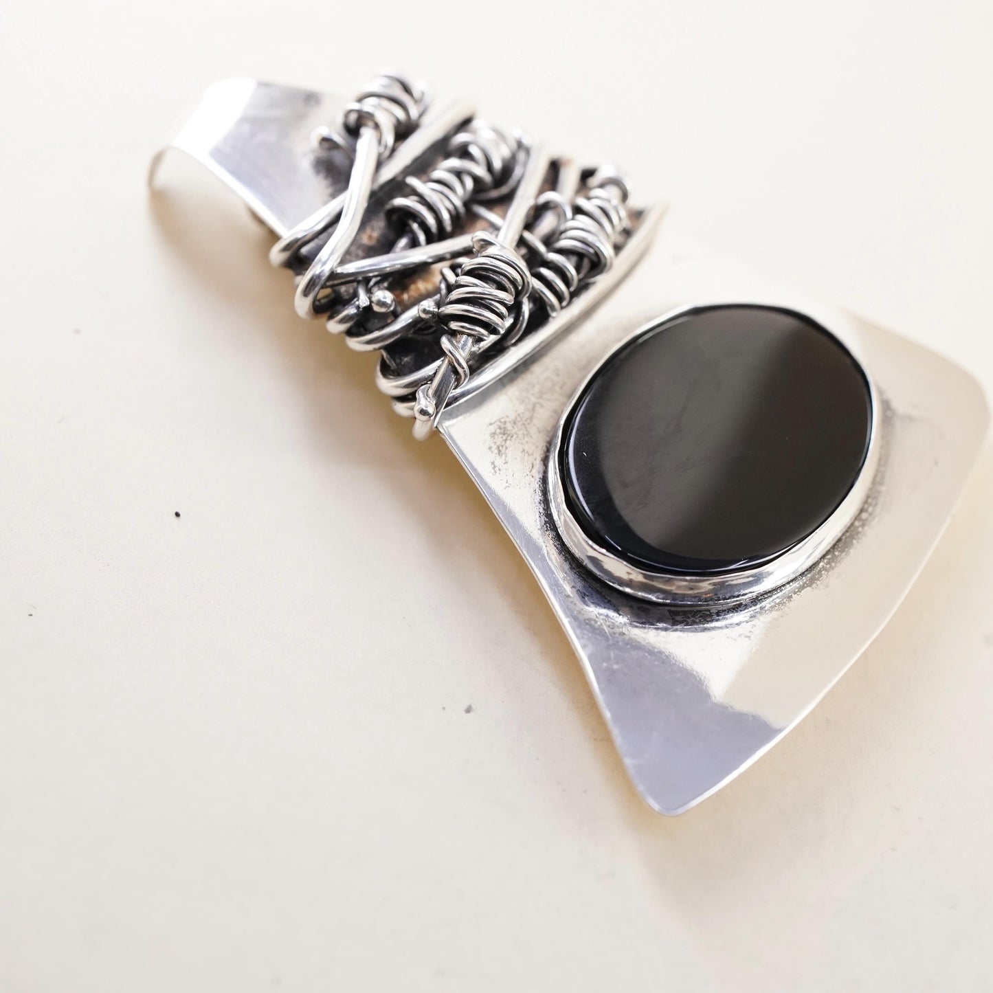 Brutalist Sterling Silver Onyx Brooch, Wire Wrapped Pin, Mid Century Jewelry