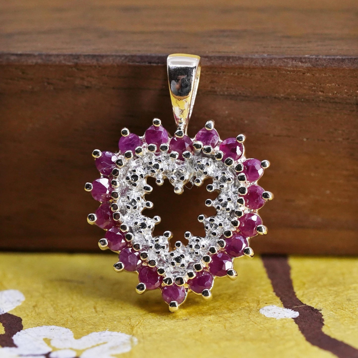 Vintage vermeil gold over Sterling 925 silver heart pendant with ruby diamonds