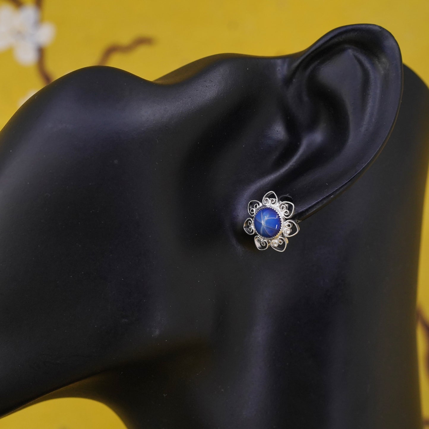 Vintage Sterling silver handmade earrings, 925 filigree studs w/ star sapphire