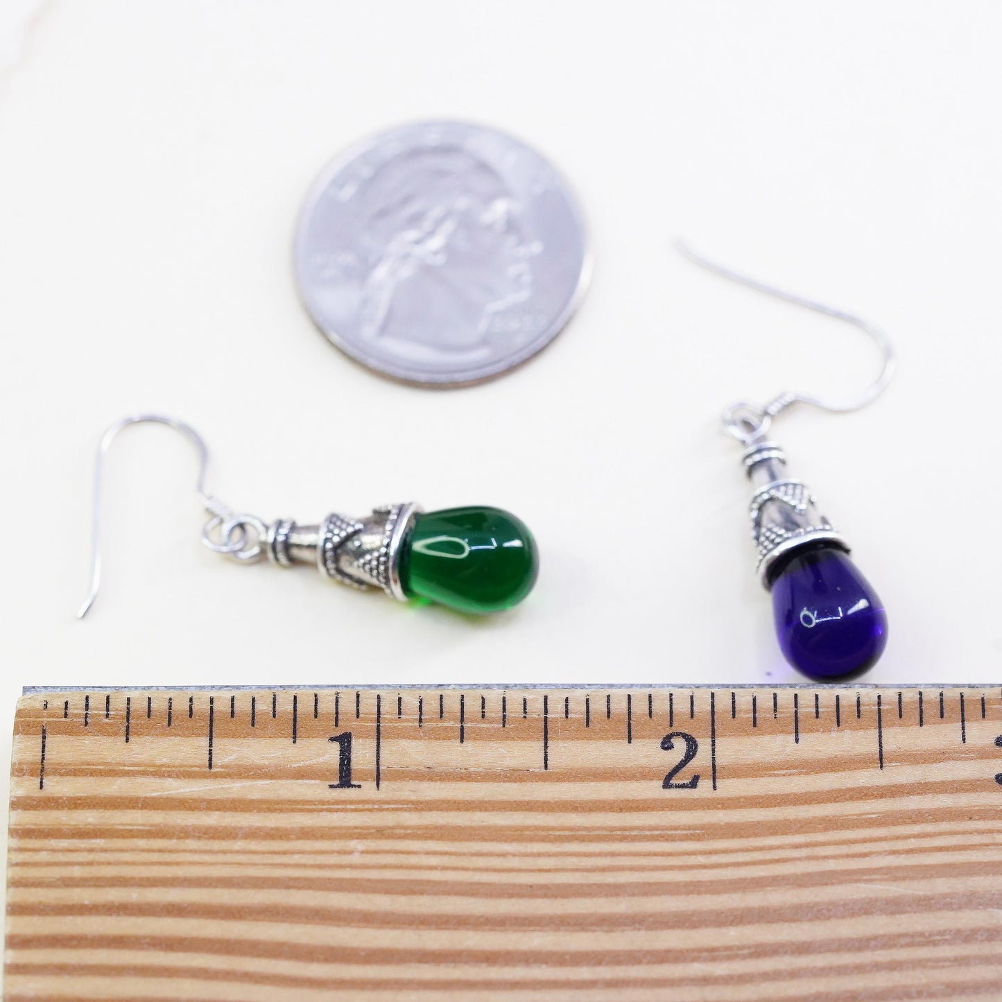 Vintage 925 sterling silver beaded textured earrings teardrop blue green glass