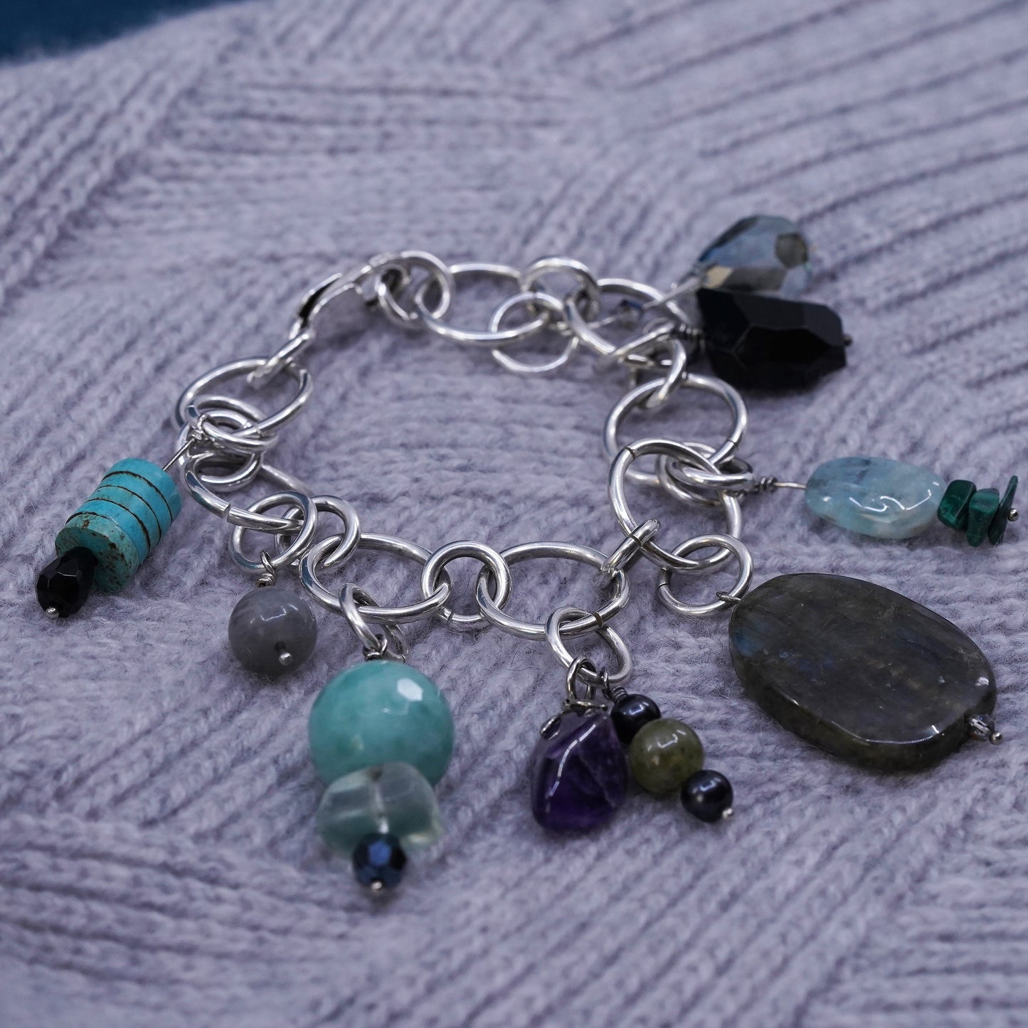 6.5", Sterling silver bracelet, 925 huge circle turquoise labradorite amethyst