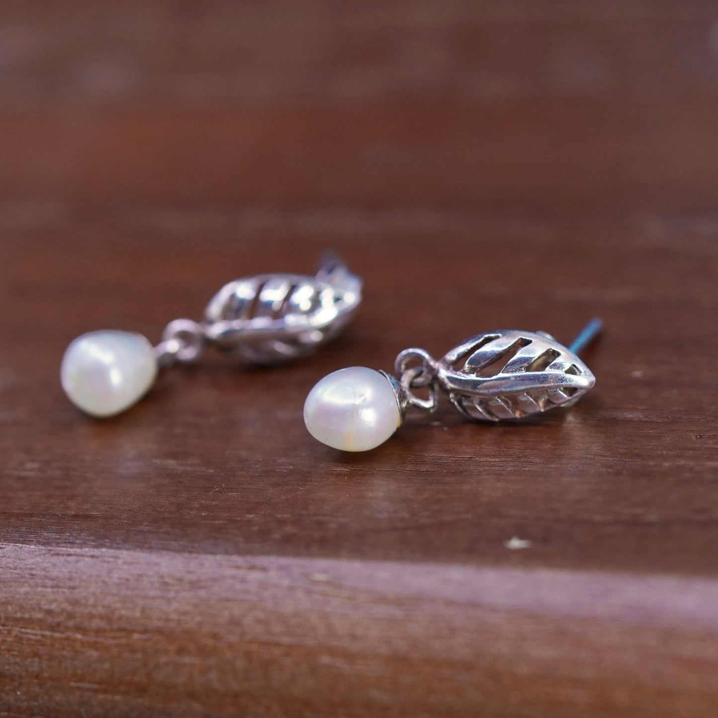 Vintage Sterling 925 silver handmade leafy earrings with pearl