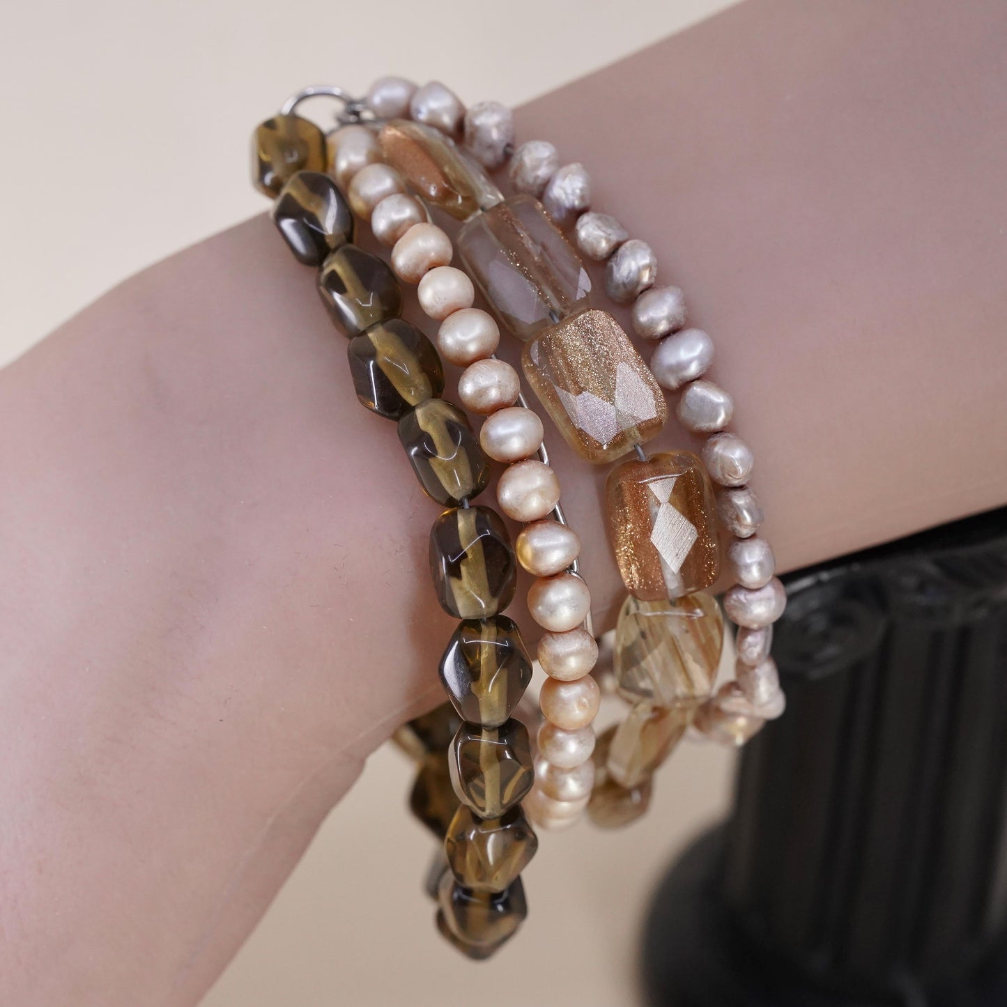 7”, B1412 Silpada sterling silver 925 pearls smokey quartz 5 strands bracelet