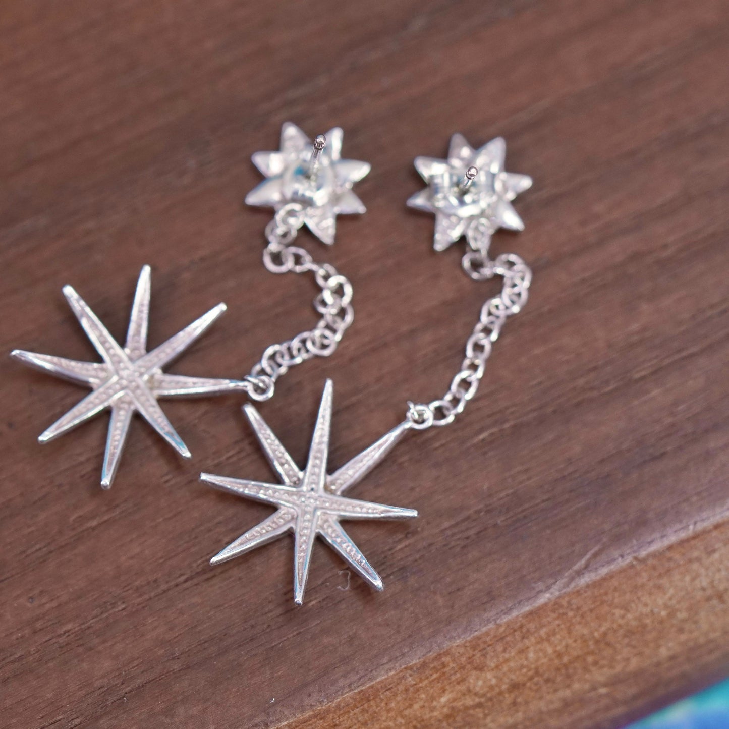 Vintage Sterling Silver handmade Earrings. 925 star dangles with cz
