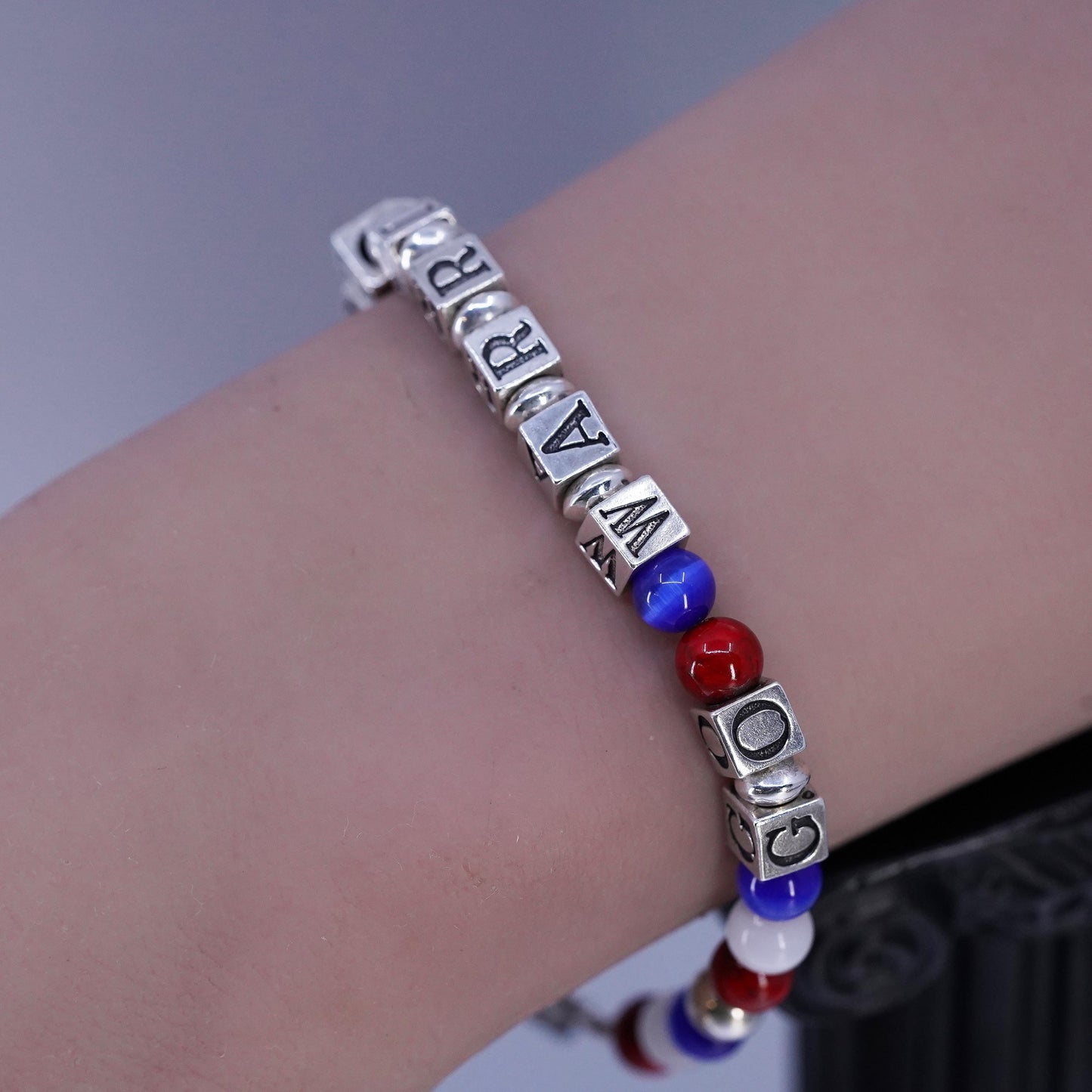7", Sterling 925 silver bracelet cube letter "Go Warrior", cat eye beads charm