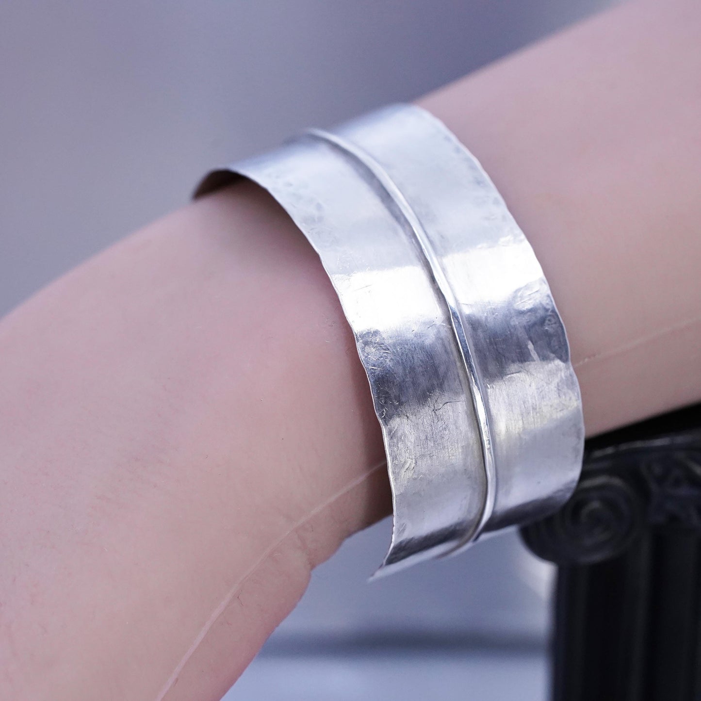 6”, VTG Mexican Sterling 925 silver handmade matte bracelet, wide ribbed cuff