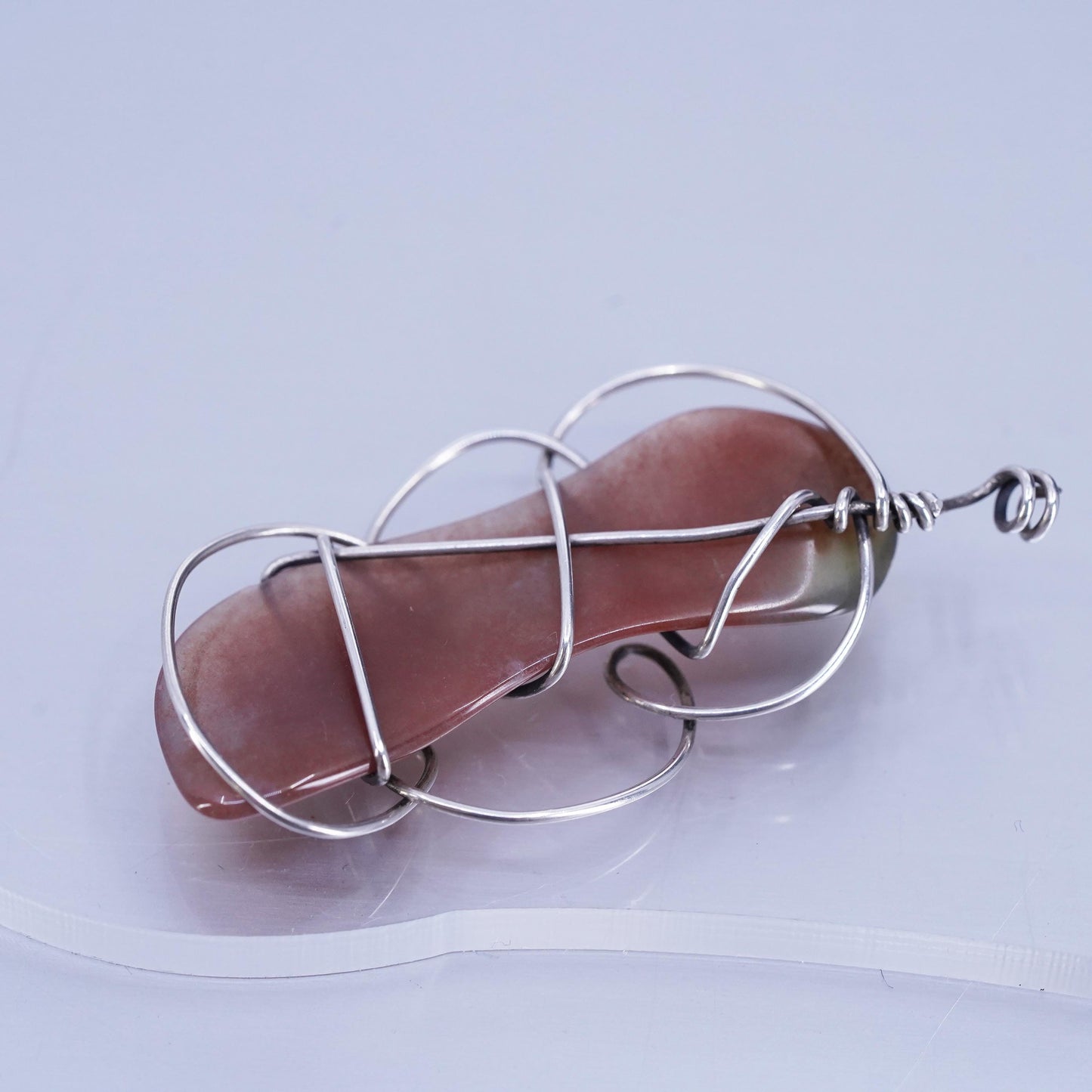 Vintage sterling 925 silver handmade wired agate pendant, stamped silver tested