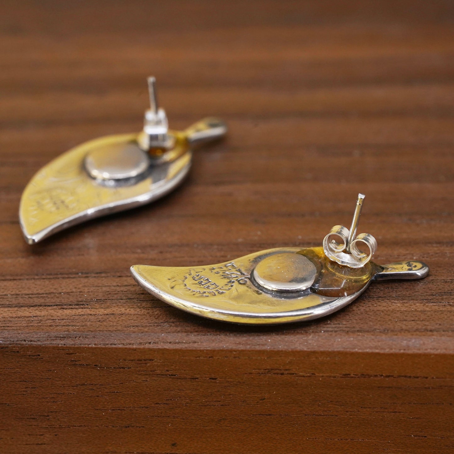 Vintage Mexican Sterling Silver handmade Earrings, 925 leaf studs with abalone