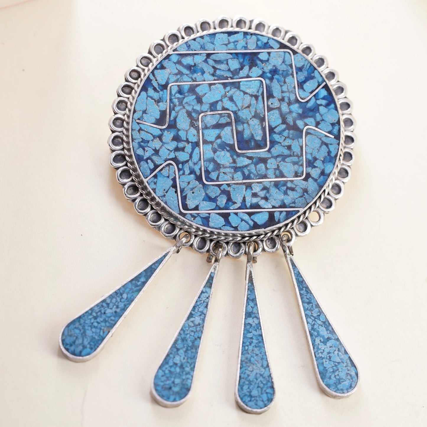 Sterling Silver Taxco Mexico Pin Pendant Turquoise Mosaic Gemstone 925 Brooch