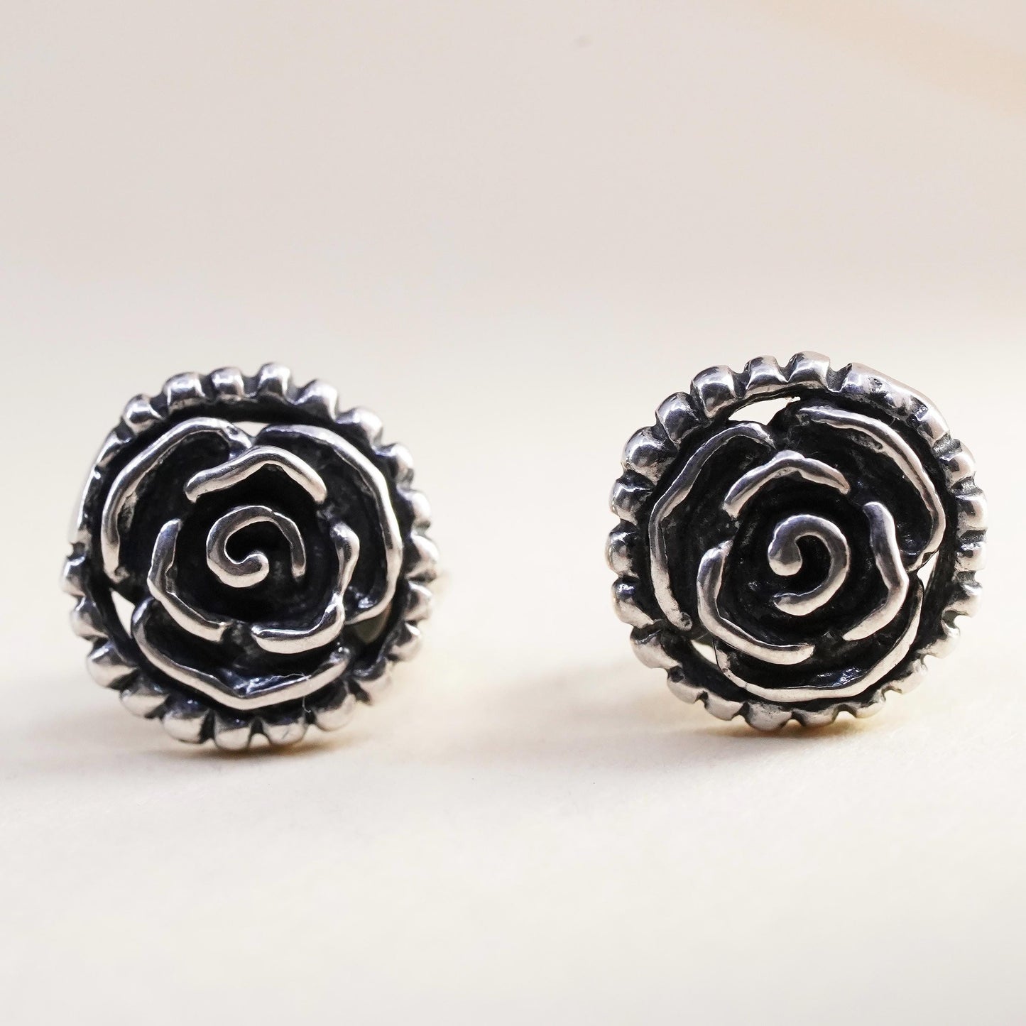 Vintage Sterling silver handmade earrings, 925 rose flower studs