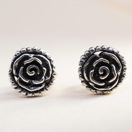 Vintage Sterling silver handmade earrings, 925 rose flower studs