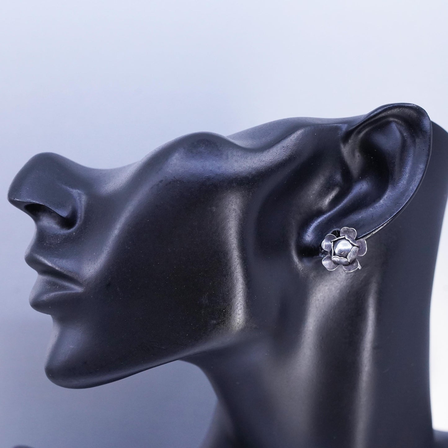 Vintage Sterling 925 silver handmade earrings, screw back flower