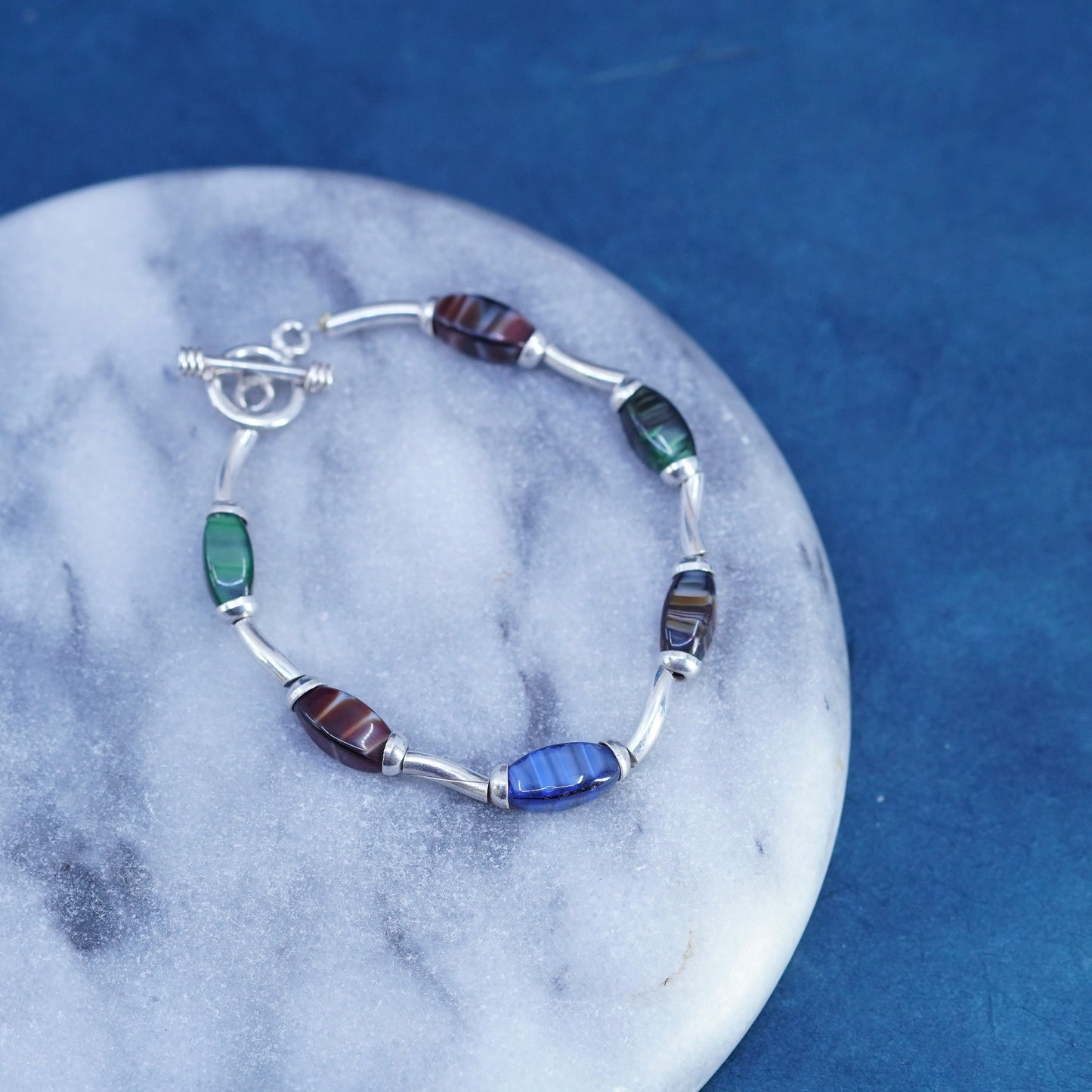6.75”, vintage sterling silver handmade bracelet, genuine nugget agate beads