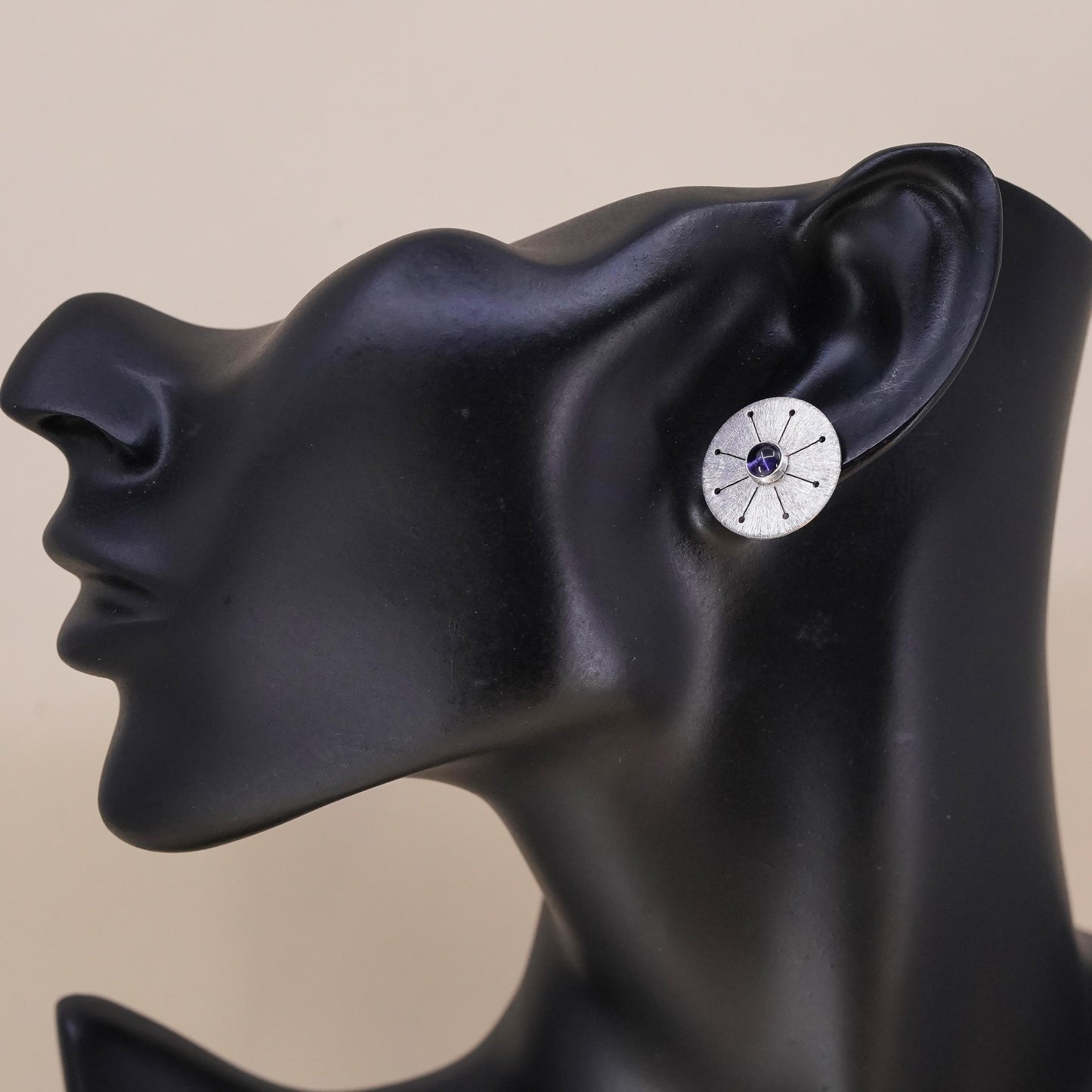 Vintage single earring. Sterling 925 silver textured disc stud with amethyst