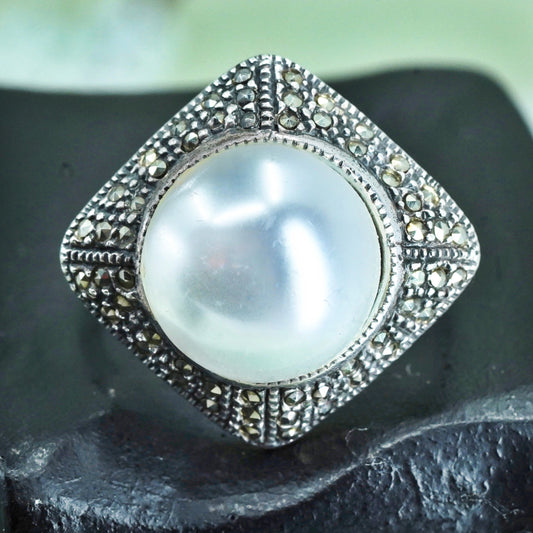 Size 11.25, Vintage sterling 925 silver handmade ring with faux pearl marcasite