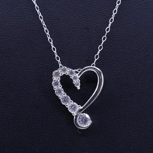 18”, vintage Sterling 925 silver handmade circle necklace with cz heart pendant