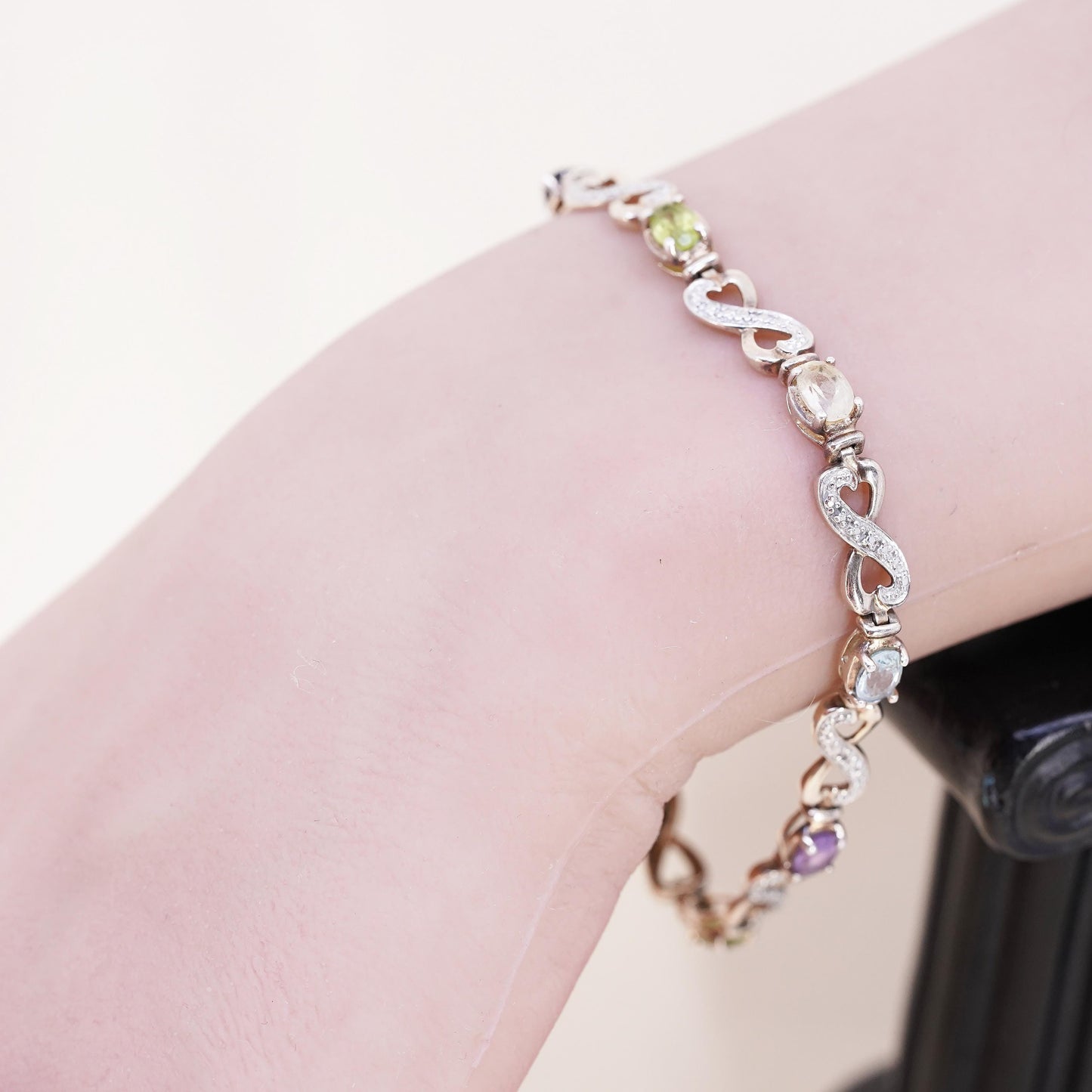 7.5”, vermeil gold sterling 925 silver tennis bracelet, peridot citrine topaz