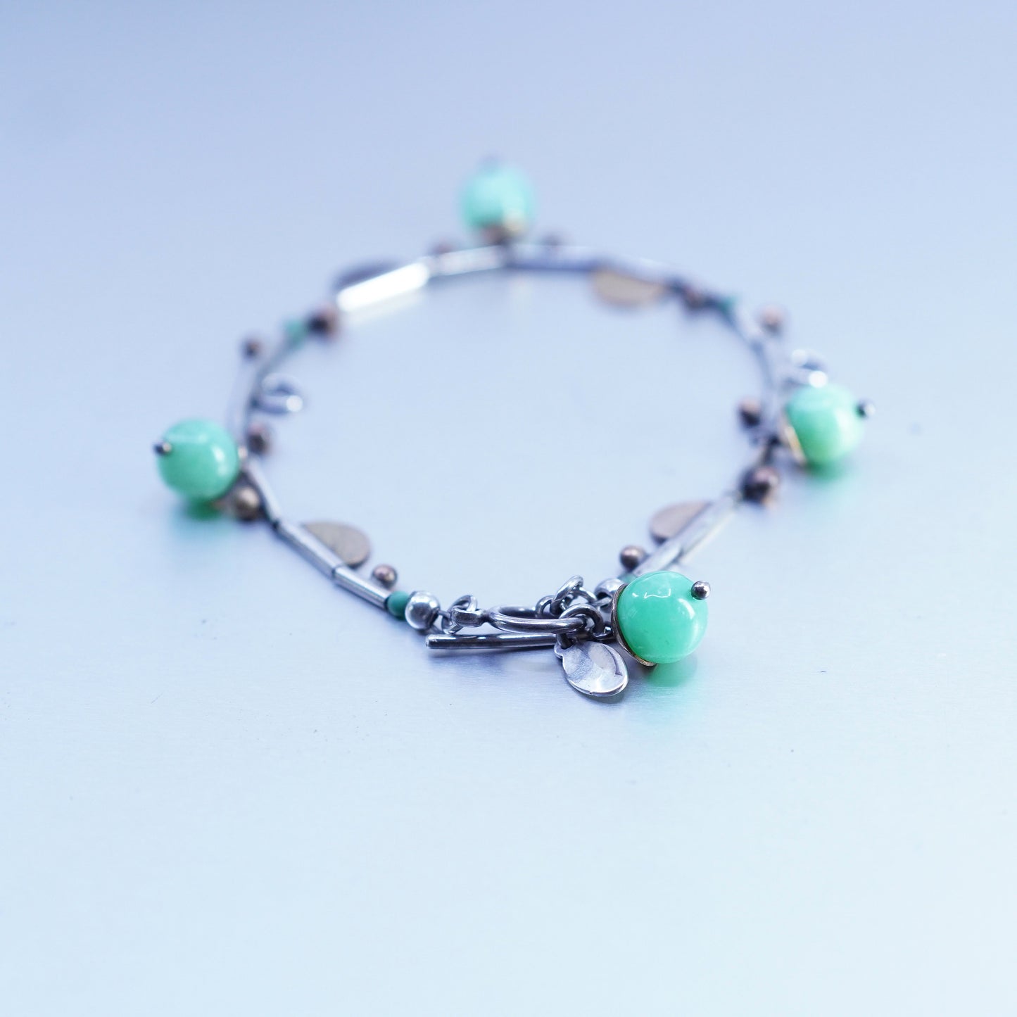 7”, Sterling 925 silver bracelet, liquid silver chain with turquoise beads