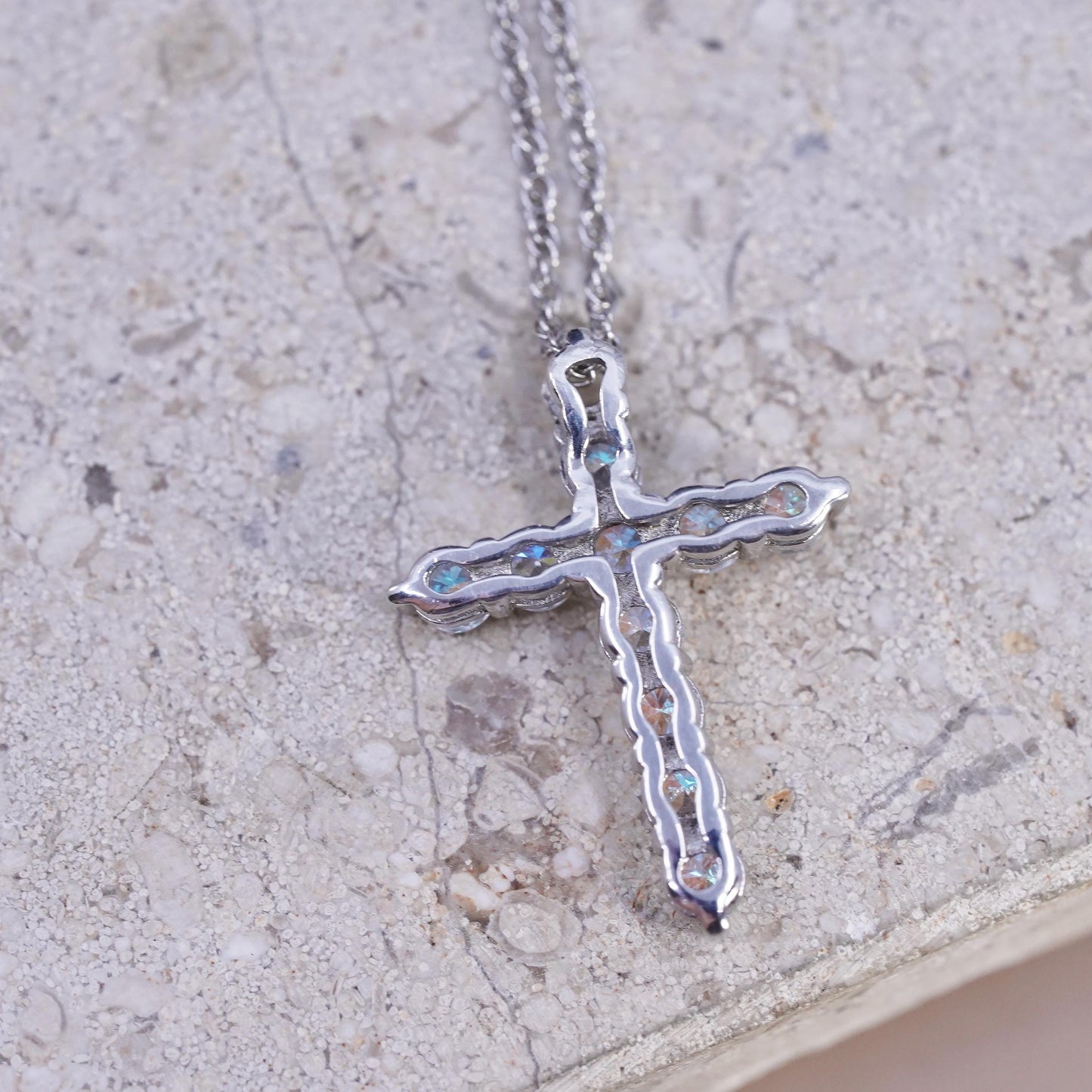 18" Sterling silver necklace, 925 Singapore rope chain AB crystal cross pendant