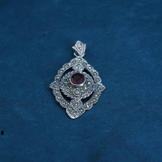 Vintage sterling 925 silver handmade pendant with ruby and marcasite details
