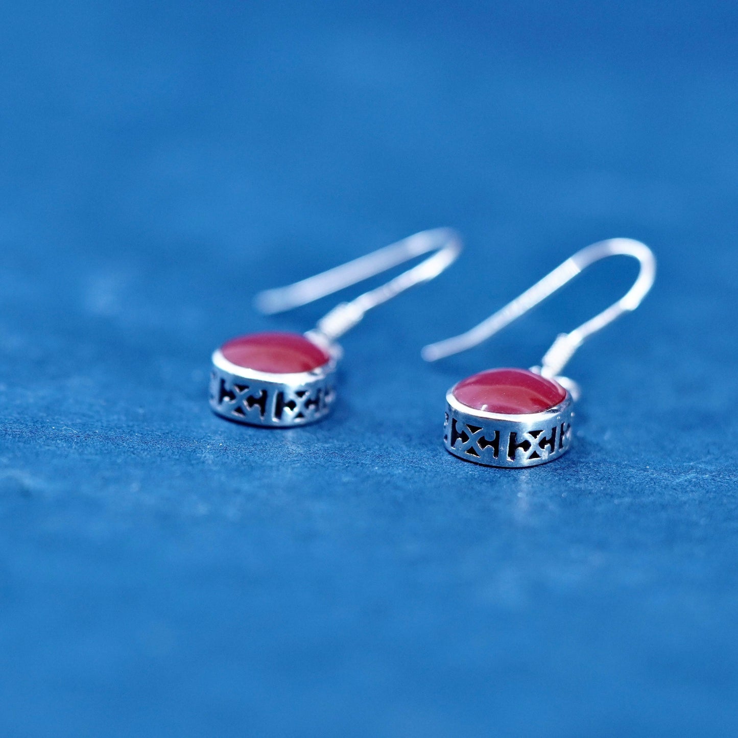 Vintage Sterling silver handmade earrings, 925 oval dangles w/ red enamel inlay