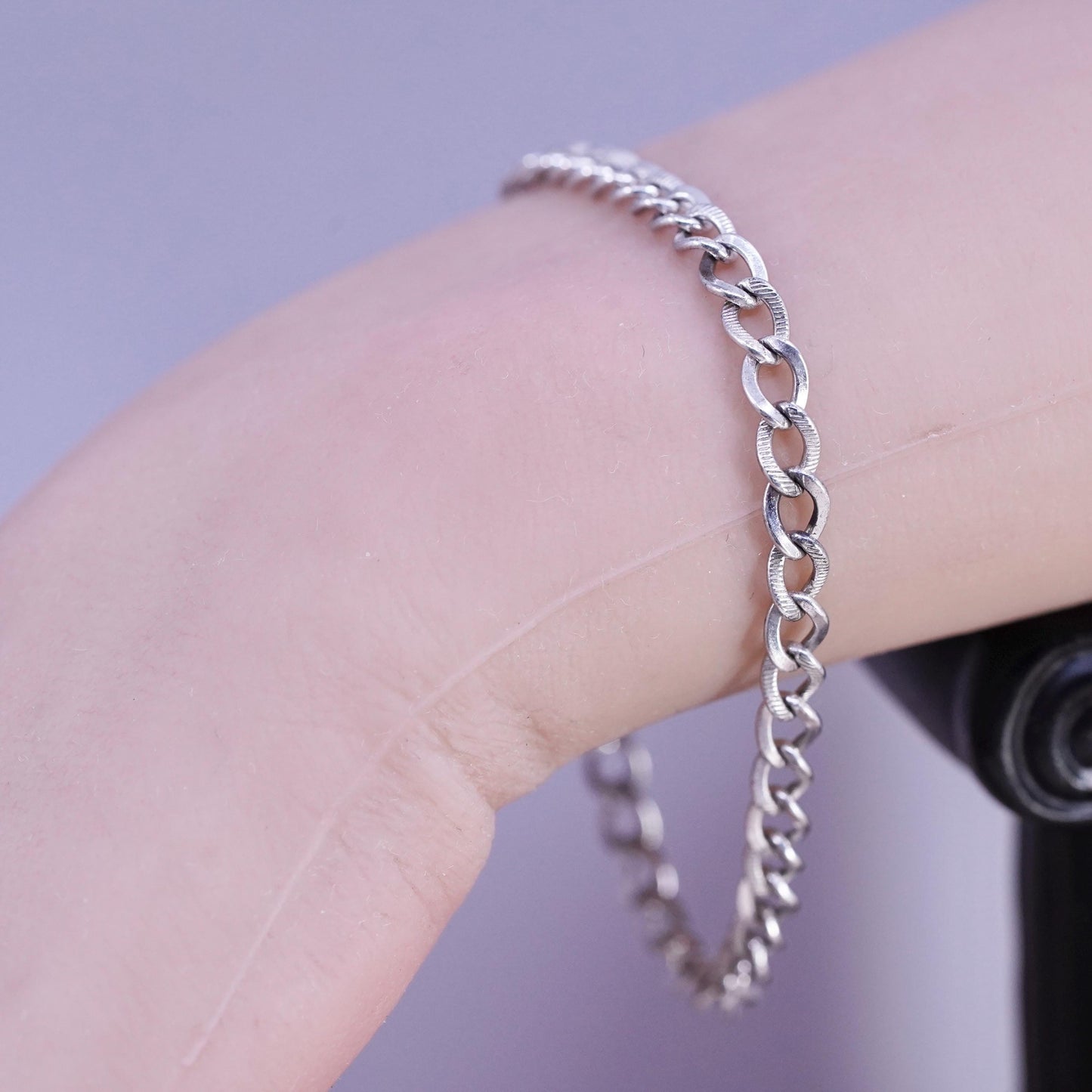 6.75”, vintage Sterling silver handmade bracelet, textured 925 curb link chain