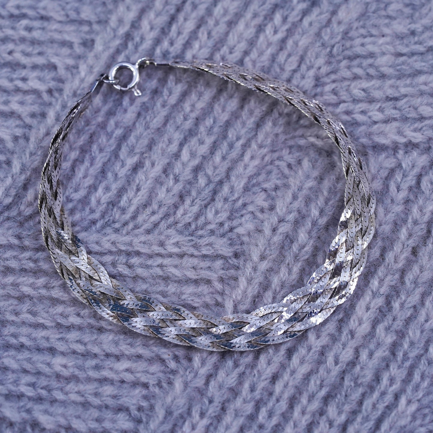 7", 8mm, vintage Sterling silver bracelet, textured 925 herringbone woven chain