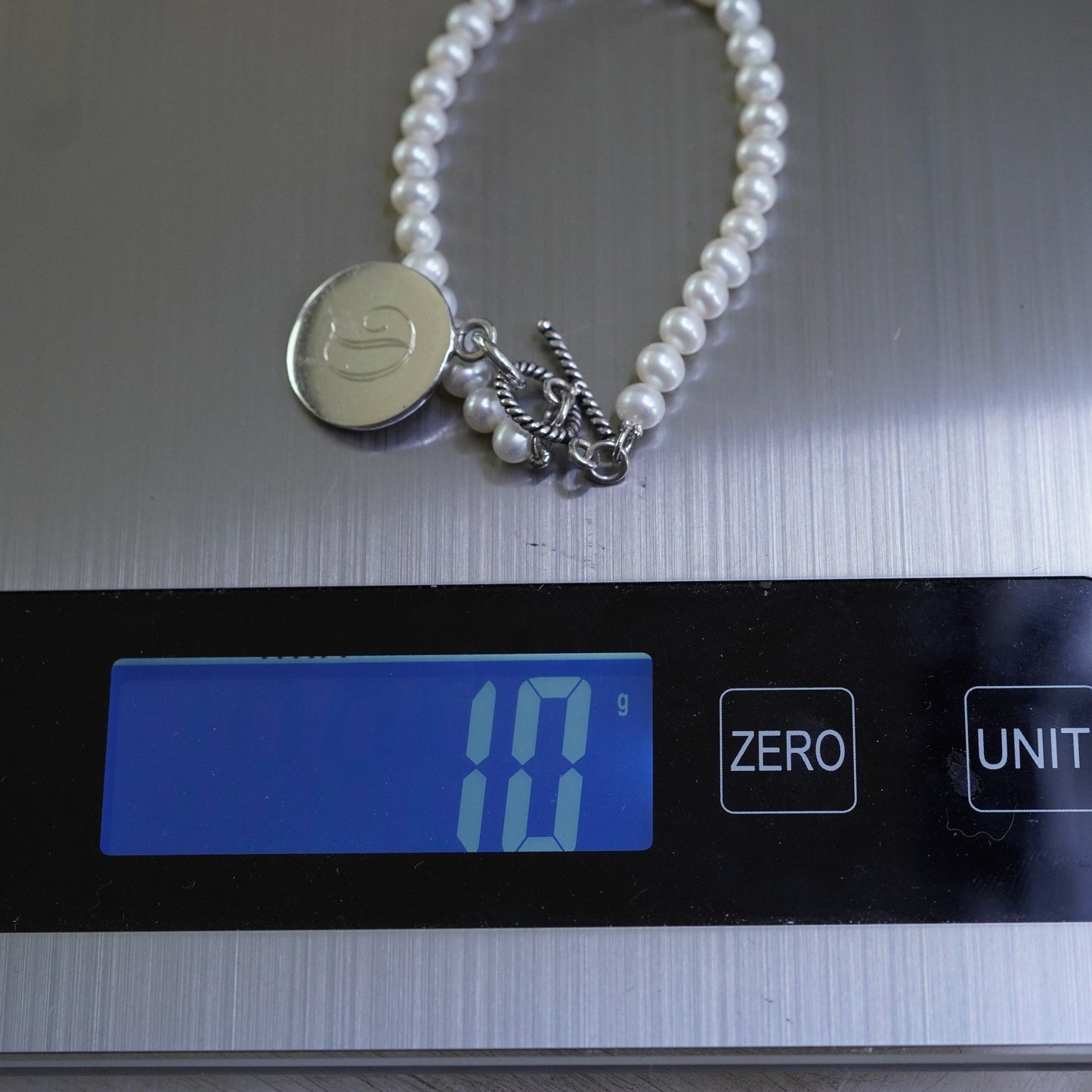 6.25”, Sterling silver handmade bracelet, freshwater pearl 925 charm engraved D