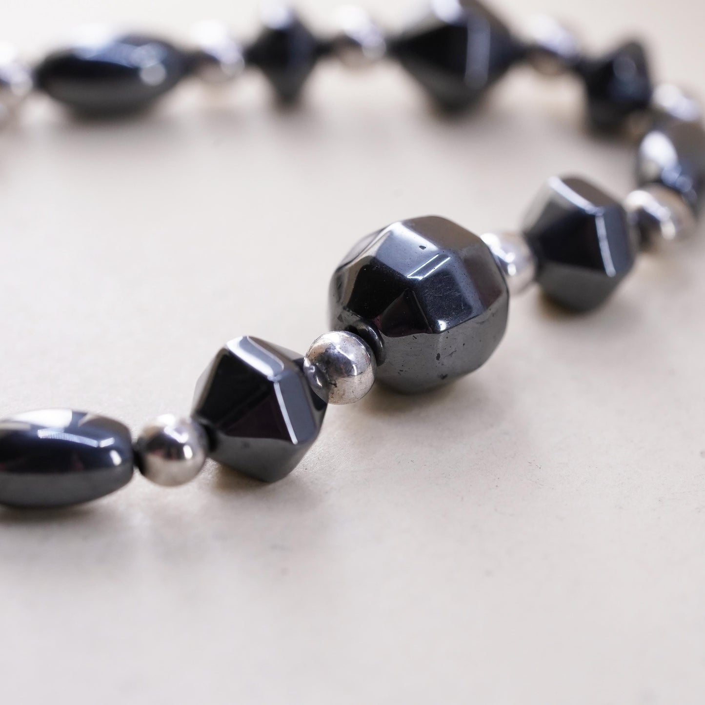 6.25”, Vintage handmade bracelet, hematite cubes with 925 silver beads chain