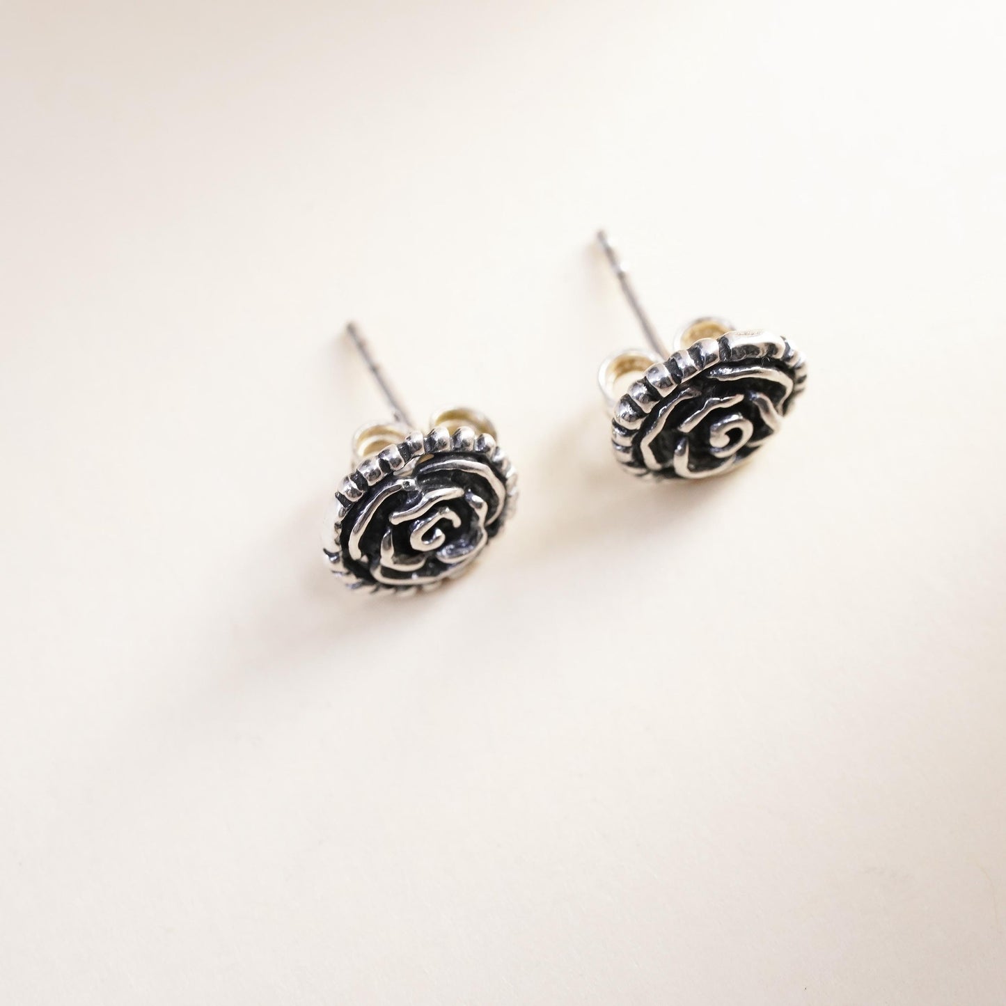 Vintage Sterling silver handmade earrings, 925 rose flower studs