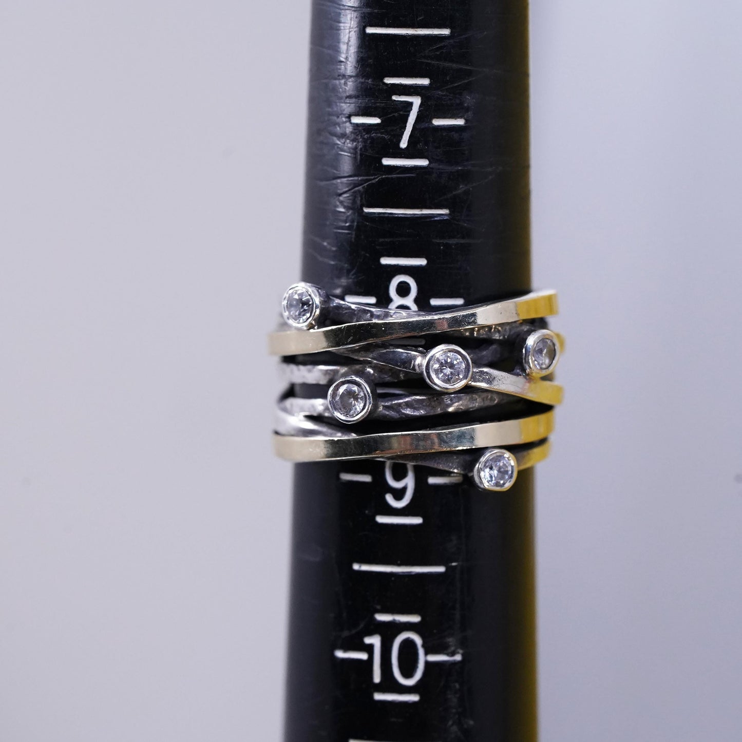 Size 8, vintage two tone Sterling 925 silver handmade wide ribbed ring with cz