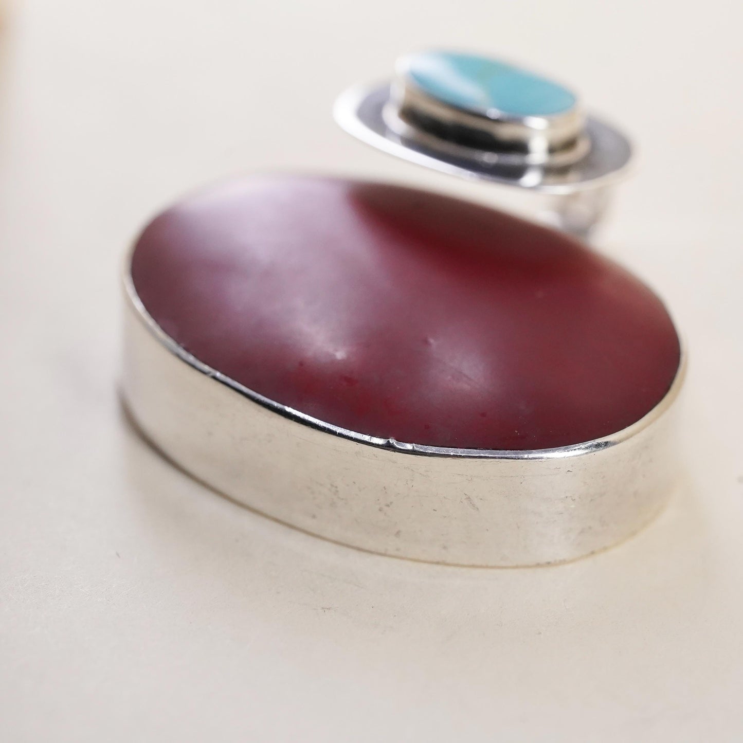 Vintage Mexican sterling silver pendant, double oval 925 onyx turquoise inlay