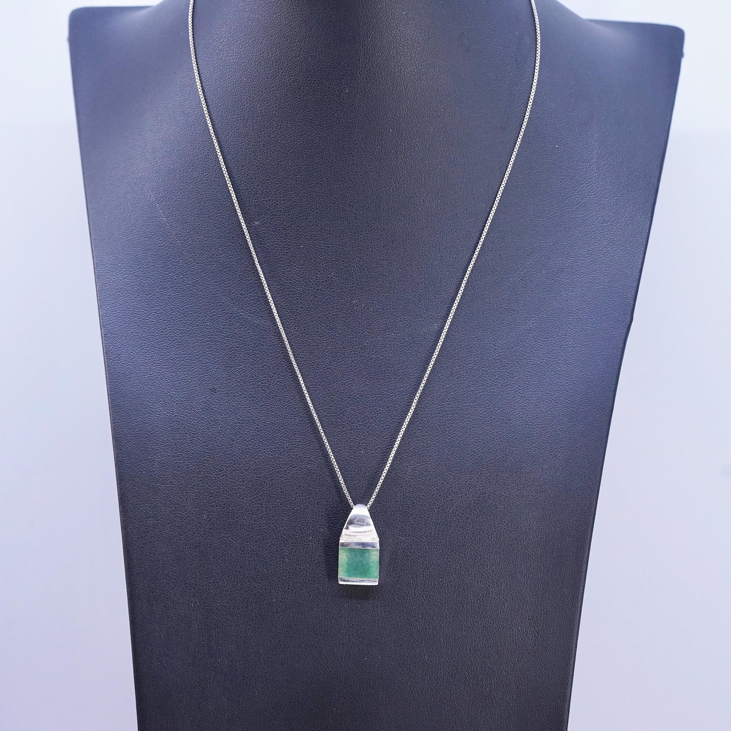 18", VTG Sterling silver handmade necklace, 925 box chain square jade pendant