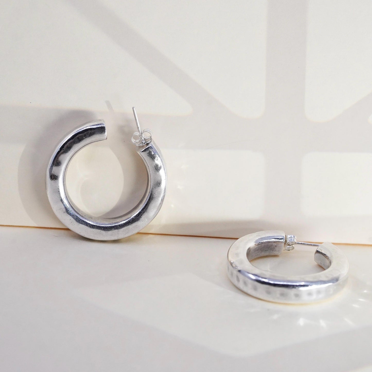 1.25” Vintage sterling 925 silver earrings, hammered textured bold hoops studs