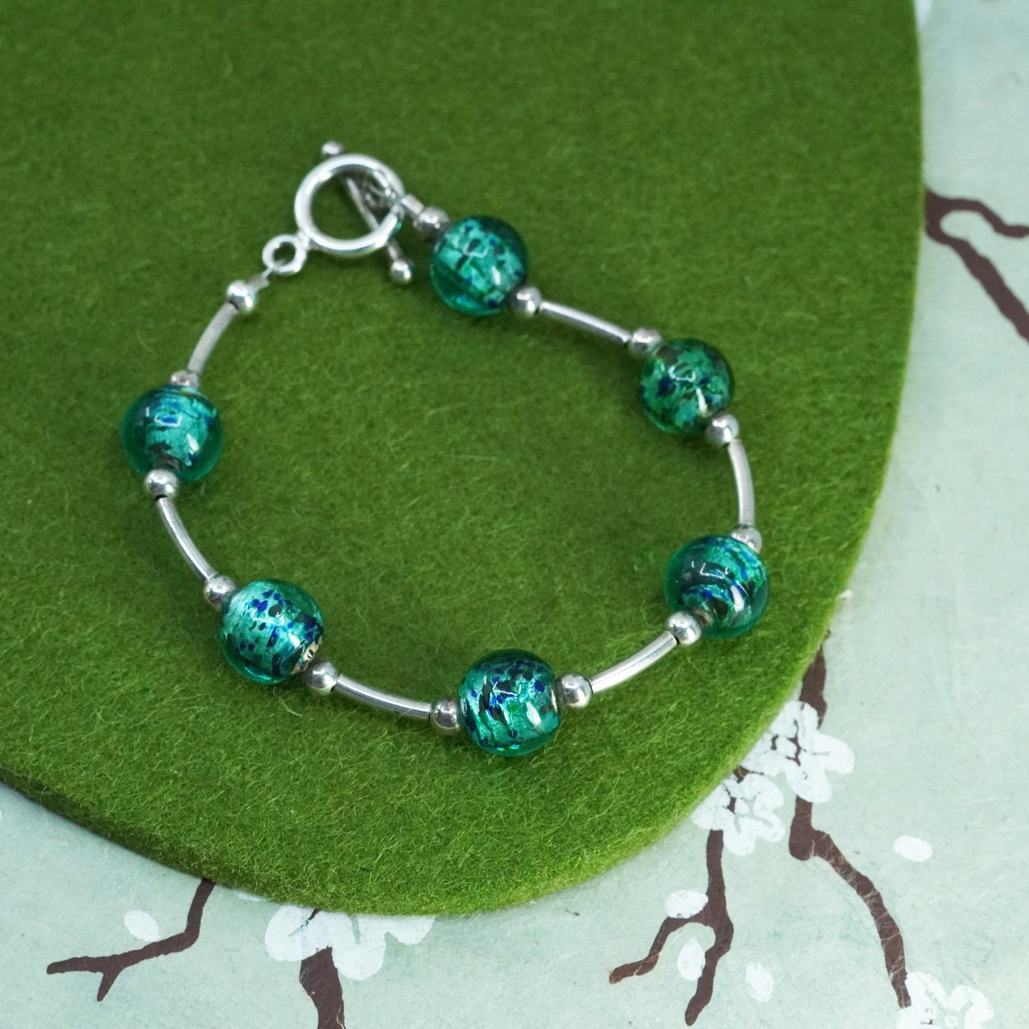 6”, vintage 925 Sterling silver handmade bracelet w/ artisan green glass beads