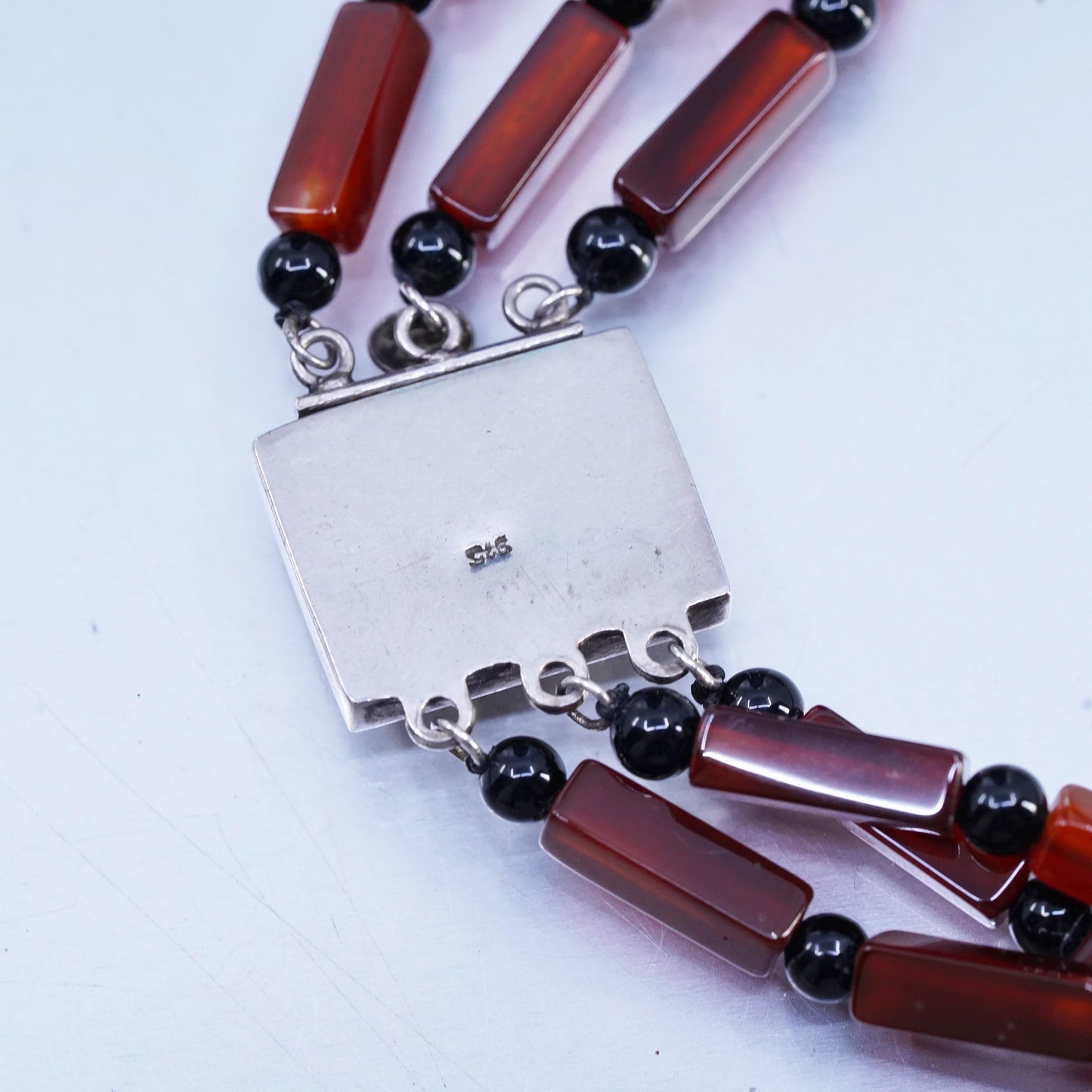 18" Sterling 925 Silver Multi Strands carnelian tube Necklace black onyx beads