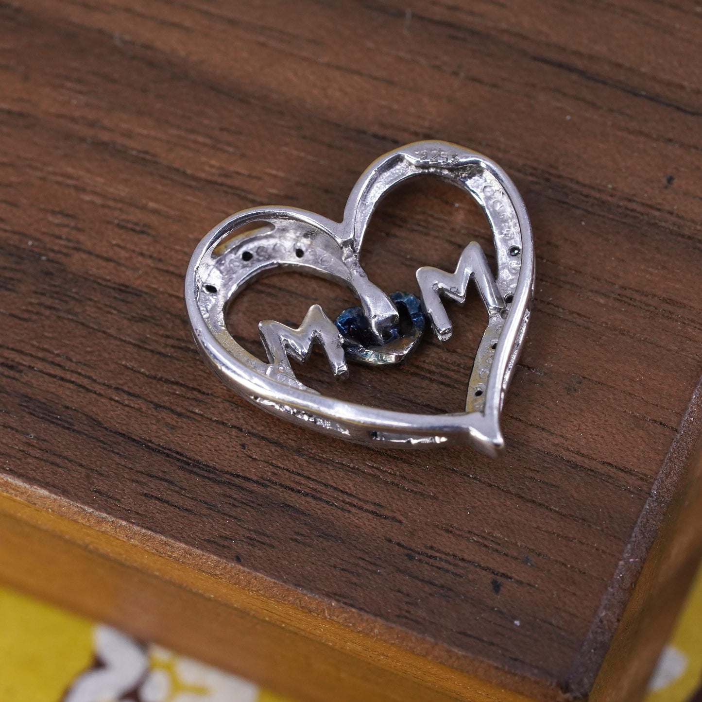 Vintage rose gold accent, Sterling 925 silver heart pendant “mom” and diamonds