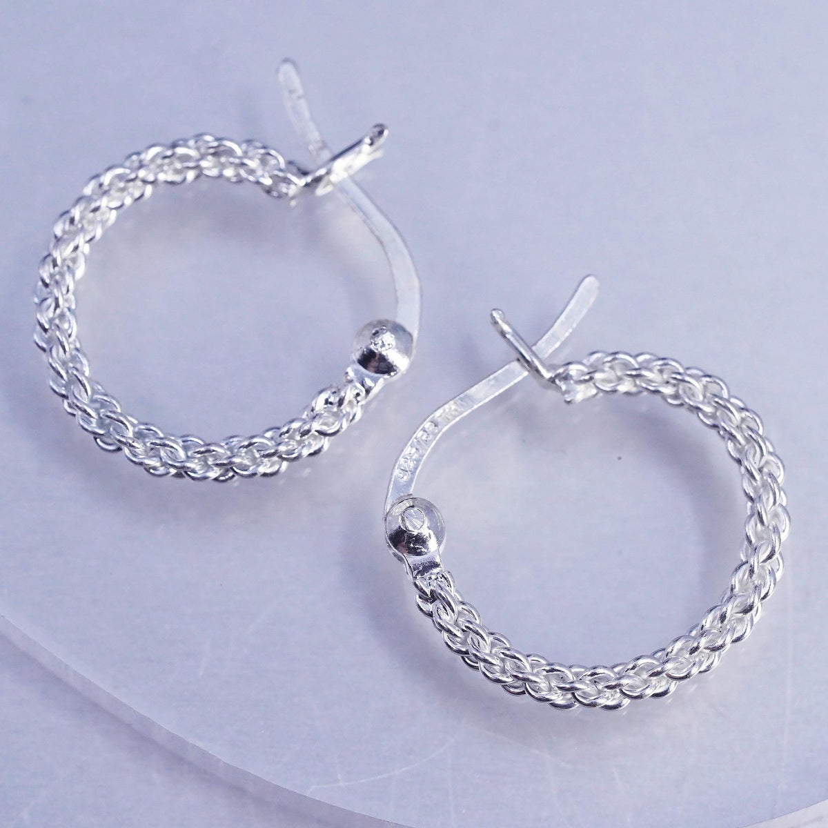 0.5", VTG 925 Sterling Silver Handmade Earrings, 925 huggie mesh chain hoops
